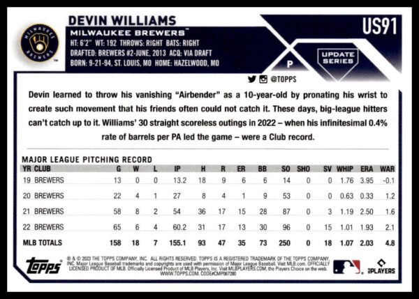 2023 Topps Update Devin Williams #US91 (Back)