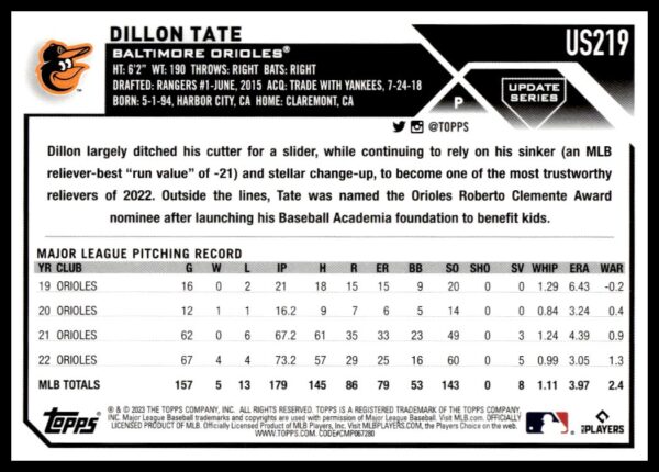 Dillon Tates 2023 Topps Update Baseball Card #US219 detailing his Baltimore Orioles career.