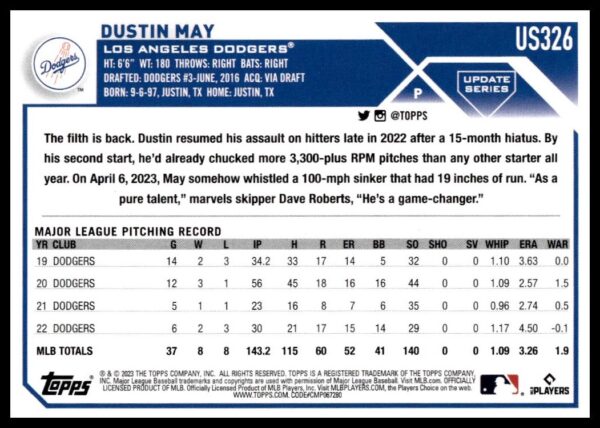 2023 Topps Update Dustin May #USC48 (Back)