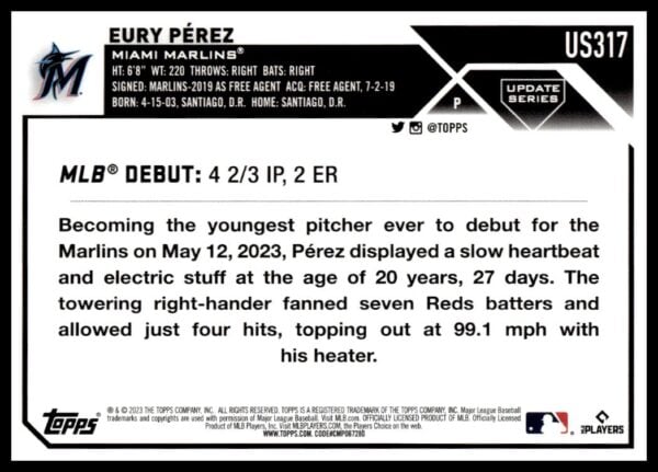 2023 Topps Update Eury Perez #US317 (Back)