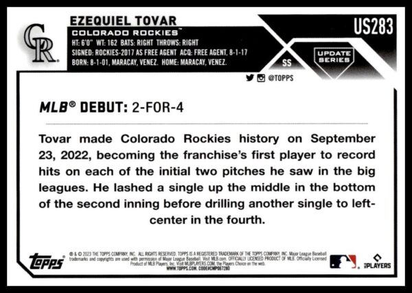 Ezequiel Tovars 2023 Topps Update Rookie Card showcasing his MLB debut with the Colorado Rockies.