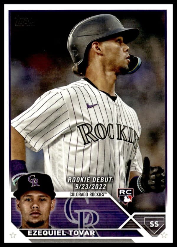 2023 Topps rookie card featuring Colorado Rockies shortstop, Ezequiel Tovar.