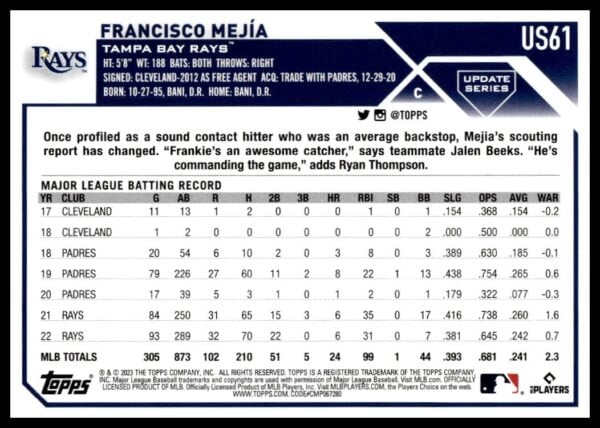 2023 Topps Update baseball card showcasing Tampa Bay Rays player Francisco Mejias career stats.