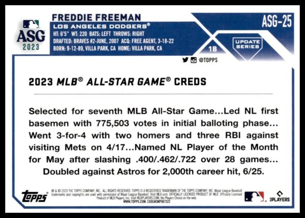 2023 Topps Freddie Freeman All-Star Game baseball card, showcasing his achievements and Dodgers uniform.