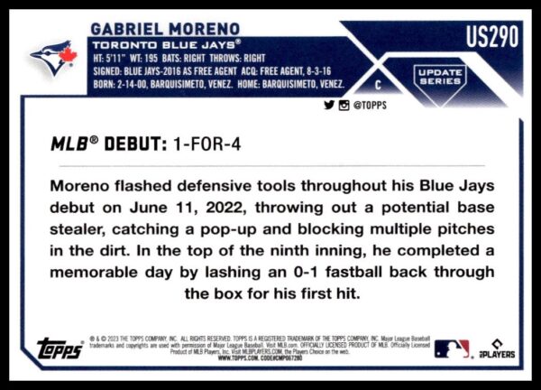 2023 Topps Update Gabriel Moreno #US290 (Back)