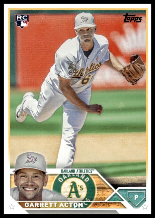 Garrett Acton, Oakland Athletics pitcher, featured on his 2023 Topps Rookie Card.