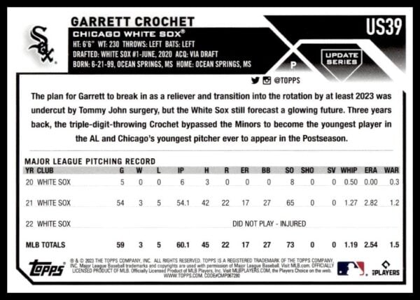 Back of 2023 Topps Update baseball card #US39 featuring Chicago White Sox pitcher, Garrett Crochet.