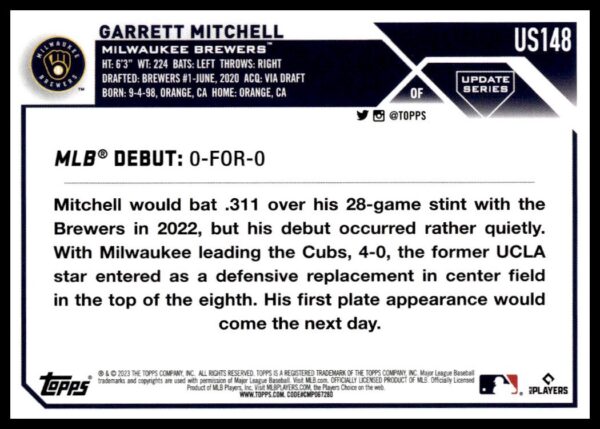 2023 Topps Update Garrett Mitchell #US148 (Back)