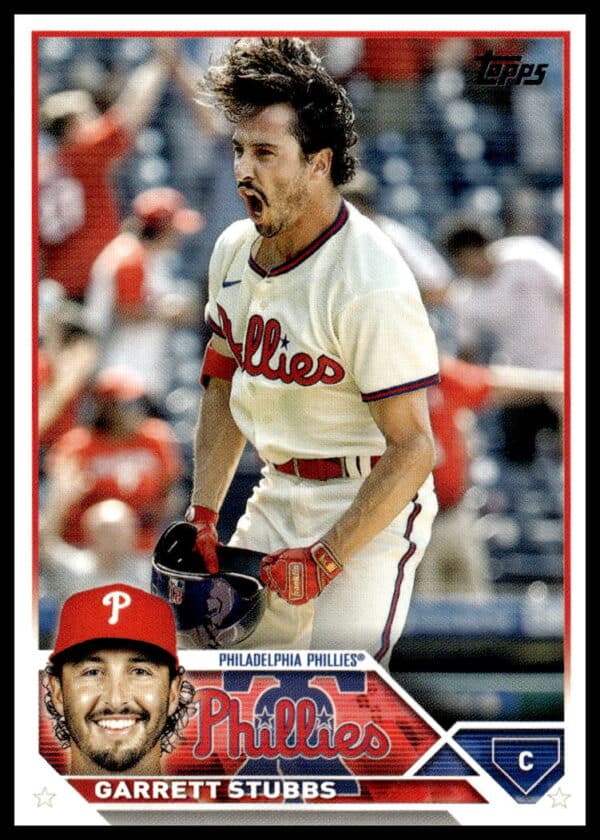 Philadelphia Phillies catcher Garrett Stubbs captured in action on a 2023 Topps baseball card.