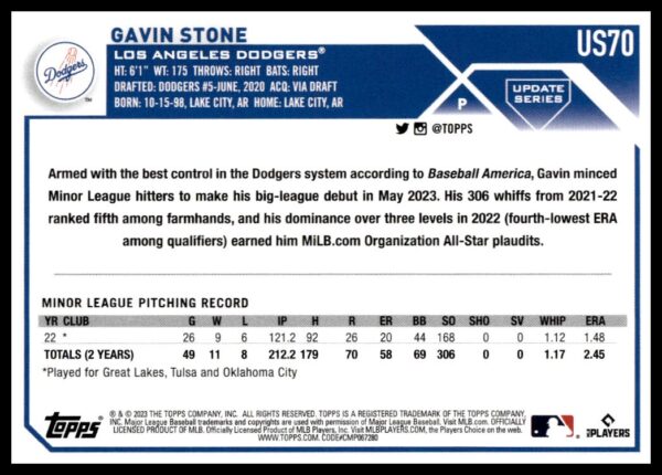 2023 Topps Update Gavin Stone #US70 (Back)