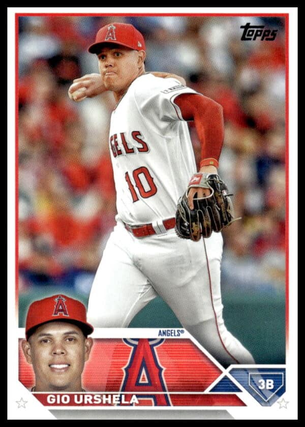 Angels Gio Urshela in action on 2023 Topps baseball card.