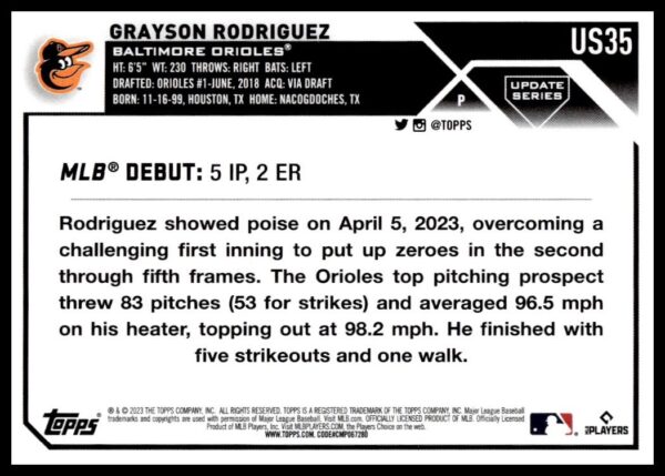 2023 Topps Update Grayson Rodriguez #US35 (Back)