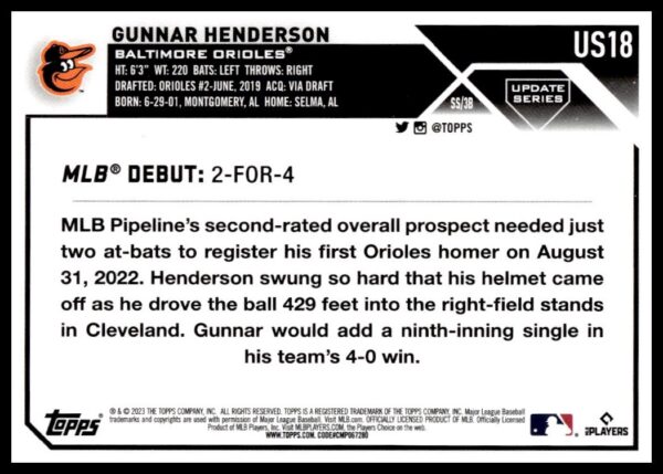 2023 Topps Update Gunnar Henderson #US18 (Back)