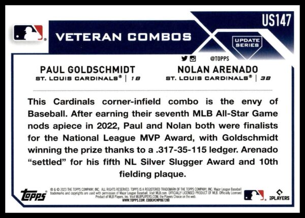 2023 Topps Update Heart of Gold (Nolan Arenado / Paul Goldschmidt) #US147 (Back)