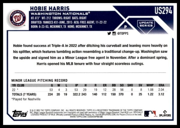 2023 Topps Update baseball card featuring Washington Nationals pitchman Hobie Harris.