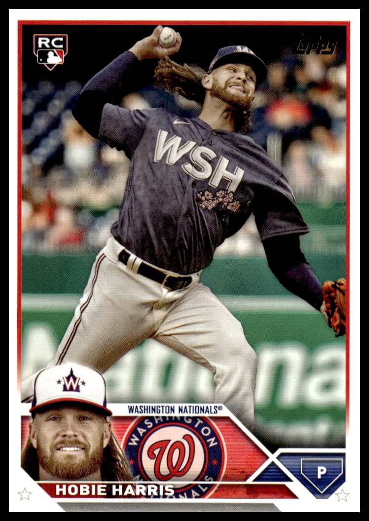 Hobie Harris rookie baseball card, Washington Nationals pitcher in action, 2023 Topps Update #US294.