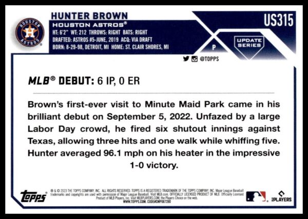 Hunter Browns 2023 Topps Update Baseball Card detailing his successful MLB debut.