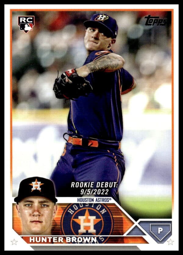 2023 Topps Rookie Card featuring Houston Astros pitcher Hunter Brown in action.