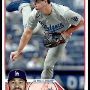 J.P. Feyereisen in action, pitching for the Dodgers on a 2023 Topps trading card.