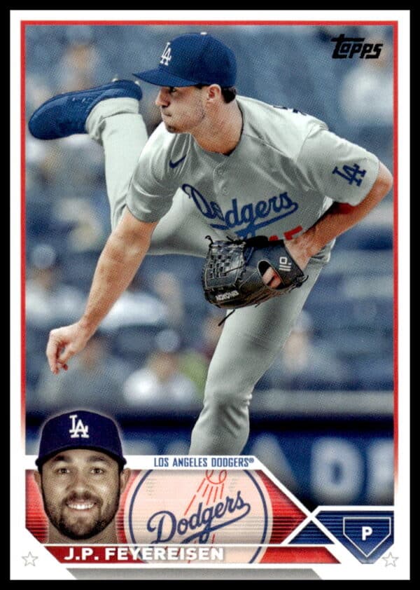 J.P. Feyereisen in action, pitching for the Dodgers on a 2023 Topps trading card.