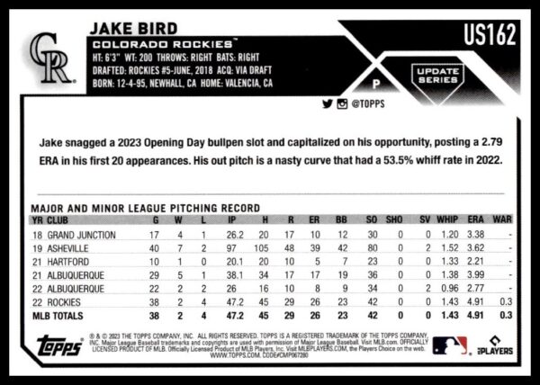 2023 Topps Update Jake Bird #US162 (Back)