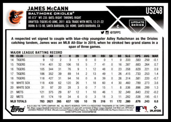 2023 Topps Update baseball card for Orioles catcher James McCann, showing his career statistics.