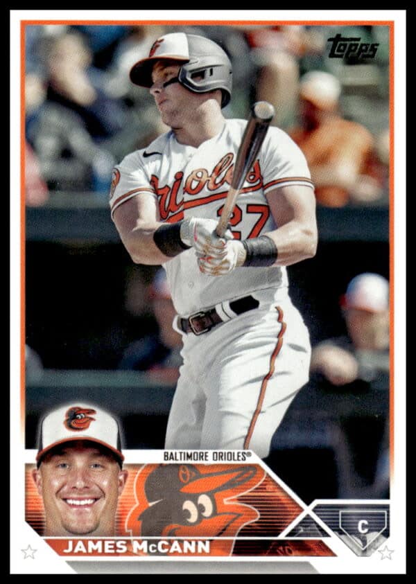 2023 Topps Baseball Card featuring James McCann of Baltimore Orioles in action.