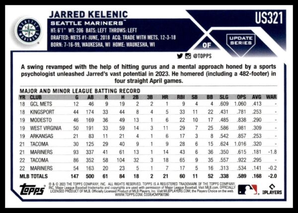 2023 Topps US321 baseball card showcasing Jarred Kelenics career highlights and stats with the Seattle Mariners.