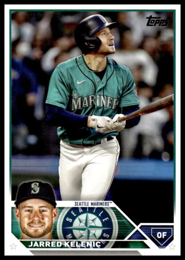 2023 Topps baseball card featuring Seattle Mariners outfielder Jarred Kelenic in action.