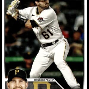 2023 Topps baseball card featuring rookie Jason Delay of the Pittsburgh Pirates in action.