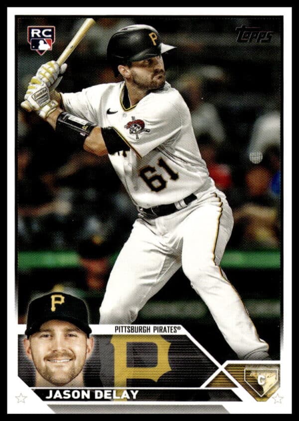 2023 Topps baseball card featuring rookie Jason Delay of the Pittsburgh Pirates in action.