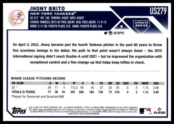 2023 Topps Baseball Card of Yankees pitcher Jhony Brito, featuring career statistics and narrative.