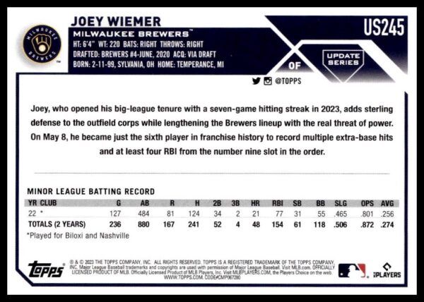 2023 Topps Update Joey Wiemer #US245 (Back)