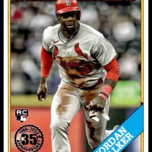 2023 Topps Jordan Walker rookie card featuring action shot during Cardinals game.