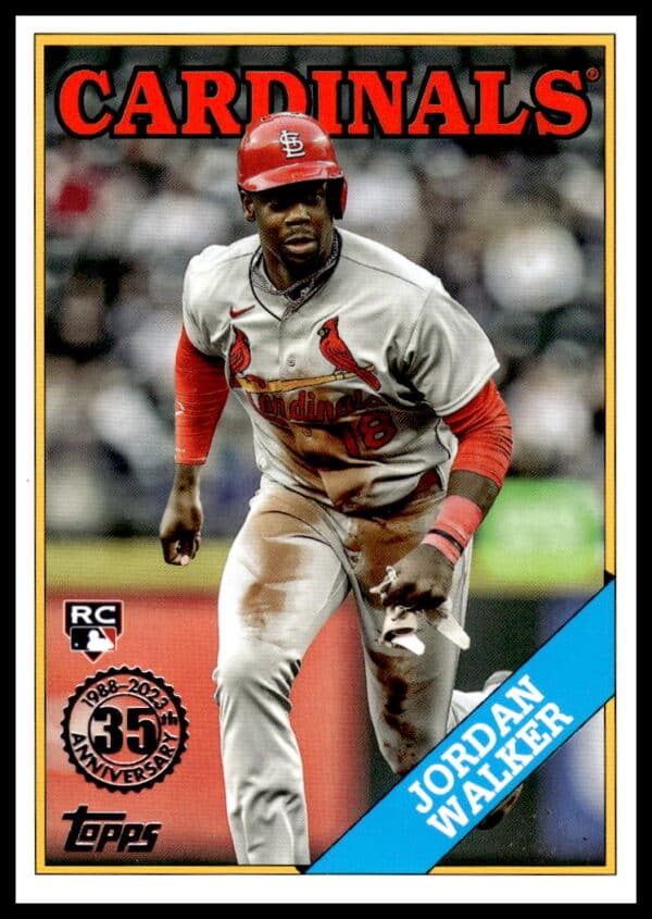 2023 Topps Jordan Walker rookie card featuring action shot during Cardinals game.