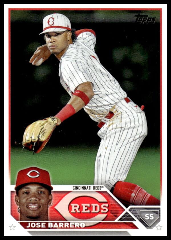 Jose Barrero in action, Cincinnati Reds baseball card, 2023 Topps Update #USC54.