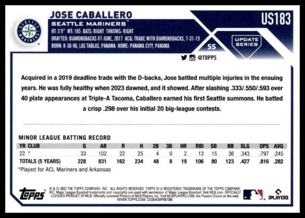 Seattle Mariners Jose Caballeros 2023 Topps Update Baseball Card #US183 showcasing career stats.