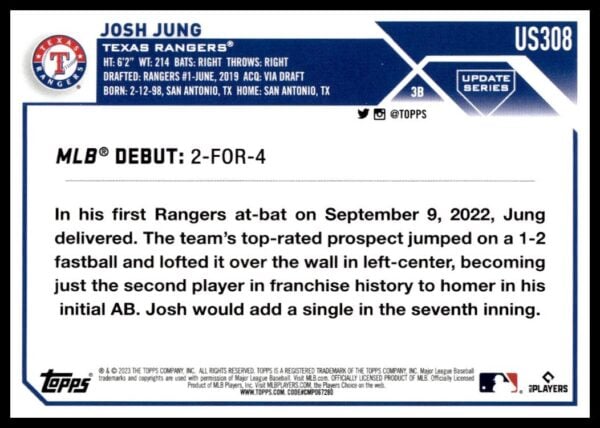 2023 Topps Update Josh Jung #US308 (Back)