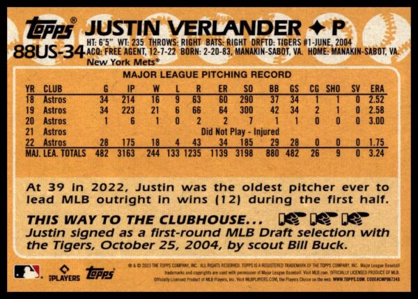 Topps 2023 Justin Verlander baseball card displaying career stats and accomplishments.