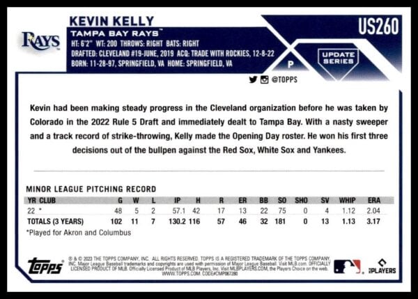 2023 Topps Update baseball card featuring Tampa Bay Rays player Kevin Kellys statistics.