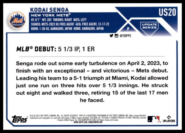 Topps baseball card of New York Mets player, Kodai Senga, detailing his successful MLB debut.