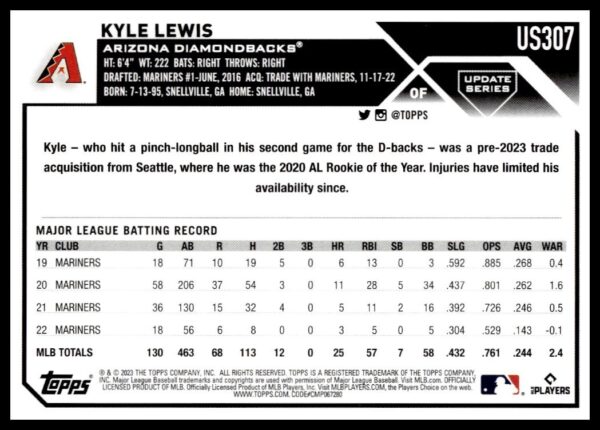 2023 Topps Baseball Card featuring Arizona Diamondbacks player Kyle Lewis statistics and biography.