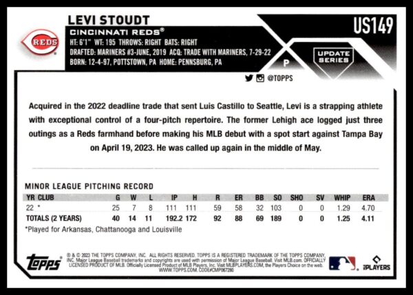 2023 Topps Update Levi Stoudt #US149 (Back)