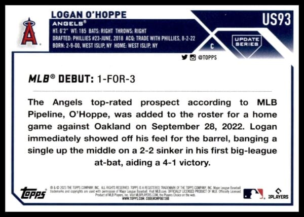 2023 Topps Update card featuring baseball player Logan OHoppes MLB debut with the LA Angels.