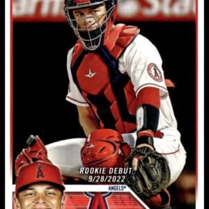 Logan OHoppes 2023 Topps Rookie Card in catcher’s gear for Anaheim Angels.