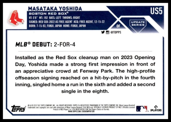 2023 Topps baseball card featuring Boston Red Sox Outfielder, Masataka Yoshidas successful MLB debut.