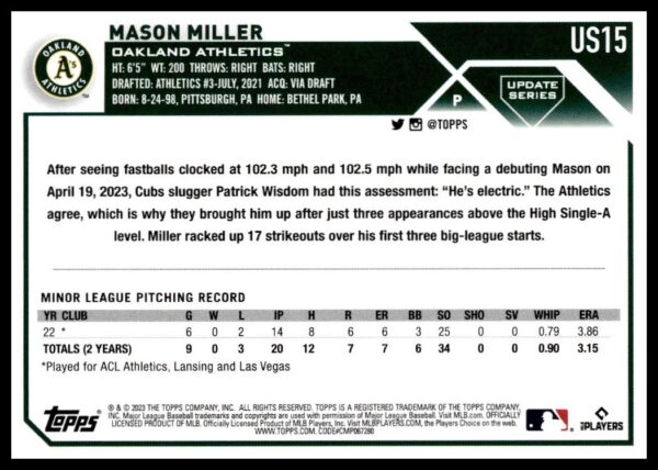 2023 Topps Update Mason Miller #US15 (Back)