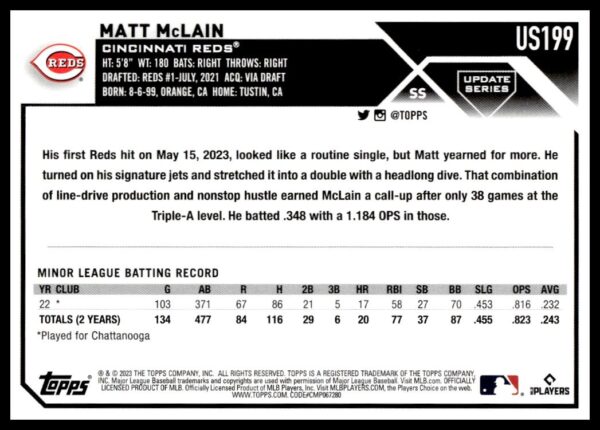 2023 Topps baseball card featuring Cincinnati Reds shortstop Matt McLains stats and memorable hit.