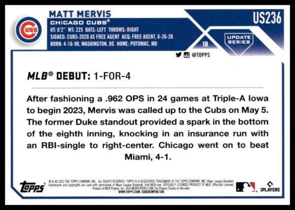 2023 Topps Update Matt Mervis #US236 (Back)