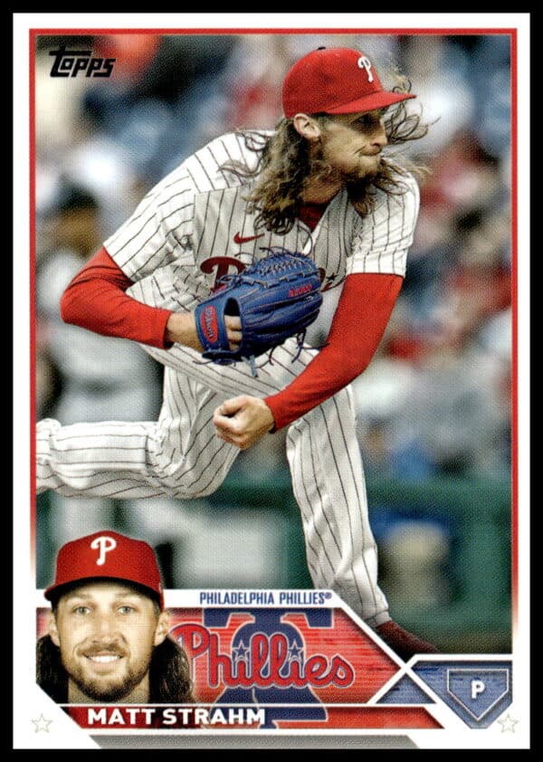 Matt Strahm pitching in Phillies uniform on 2023 Topps baseball card.